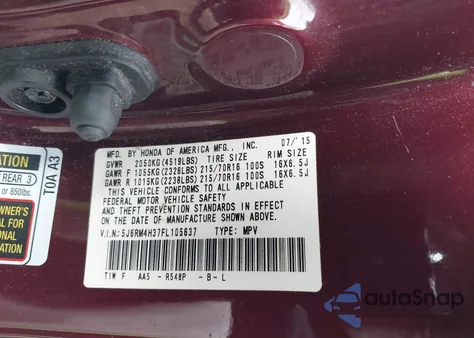 2015 Honda Cr-V Lx z USA, uszkodzony, nr VIN 5J6RM4H37FL105637